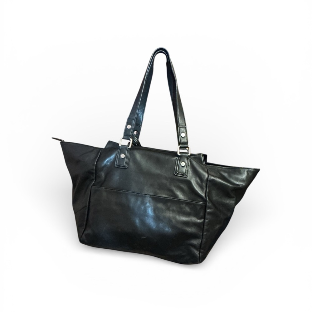 Cesar Mizrahi CMD Black Leather Tote Bag Silver Hardware Zip Pocket - Picture 2 of 4